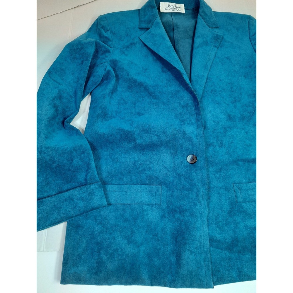 Vtg 70s Mollie Parnis Suede One Button Blazer W Belt Blue 18.5 X 26.5 USA Made - Picture 4 of 10